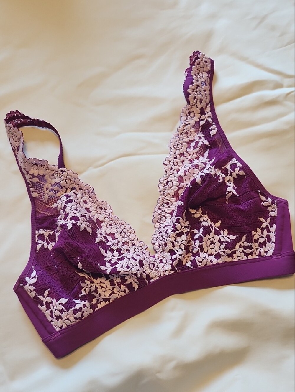 Wacoal Plum Lace Plunge Bralette with Light-Lilac Floral Embroidery - Picture 7 of 8